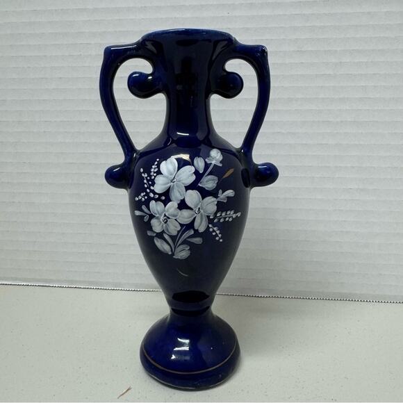 Vintage Blue Hand Painted Floral Vase Small With Handles Unmarked - Picture 1 of 6